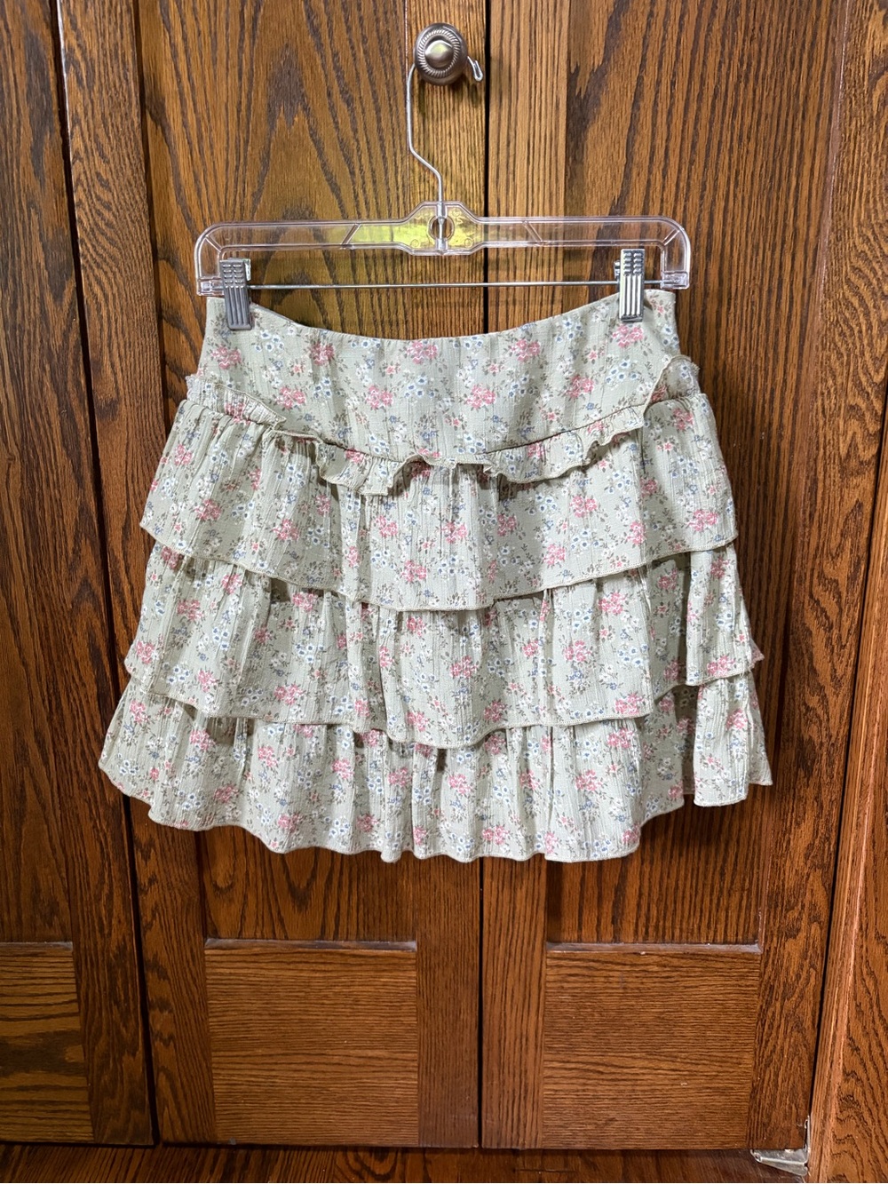 Altar'd State Sage Green Floral Tiered Mini Skirt